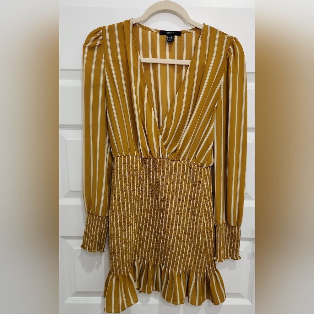 Forever 21 Mustard and White Striped Long Sleeve Dress - Picture 3 of 11